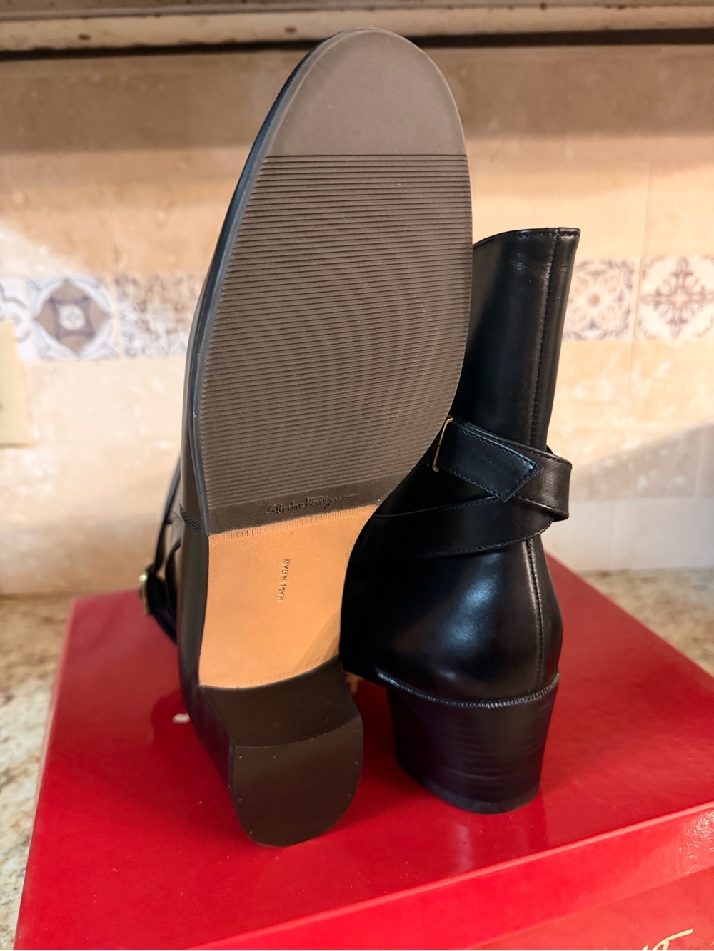 Vintage Ferragamo Black Leather Moto Ankle Boots Wrap Strap Gold Buckle UNWORN - Picture 4 of 4
